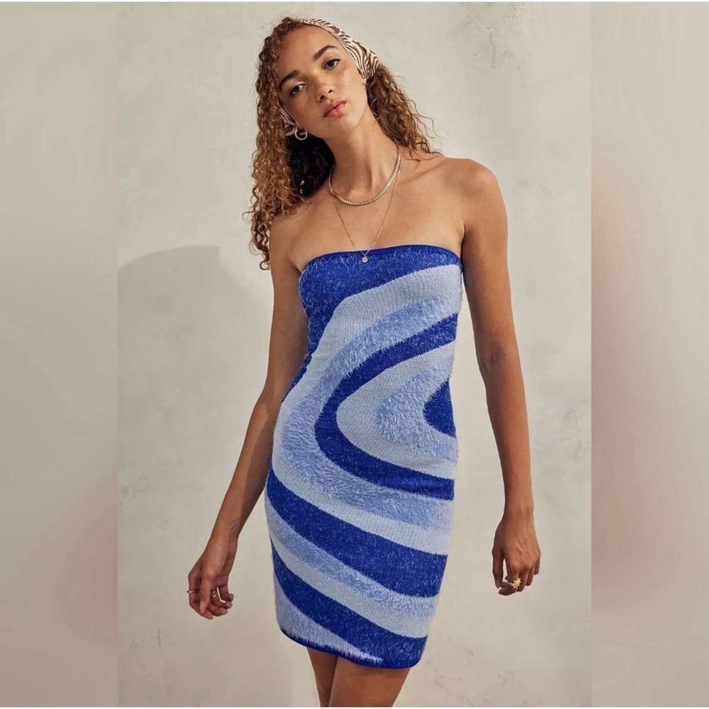 HOUSE OF SUNNY Spice Hockney knit mini dress midi skirt strapless blue